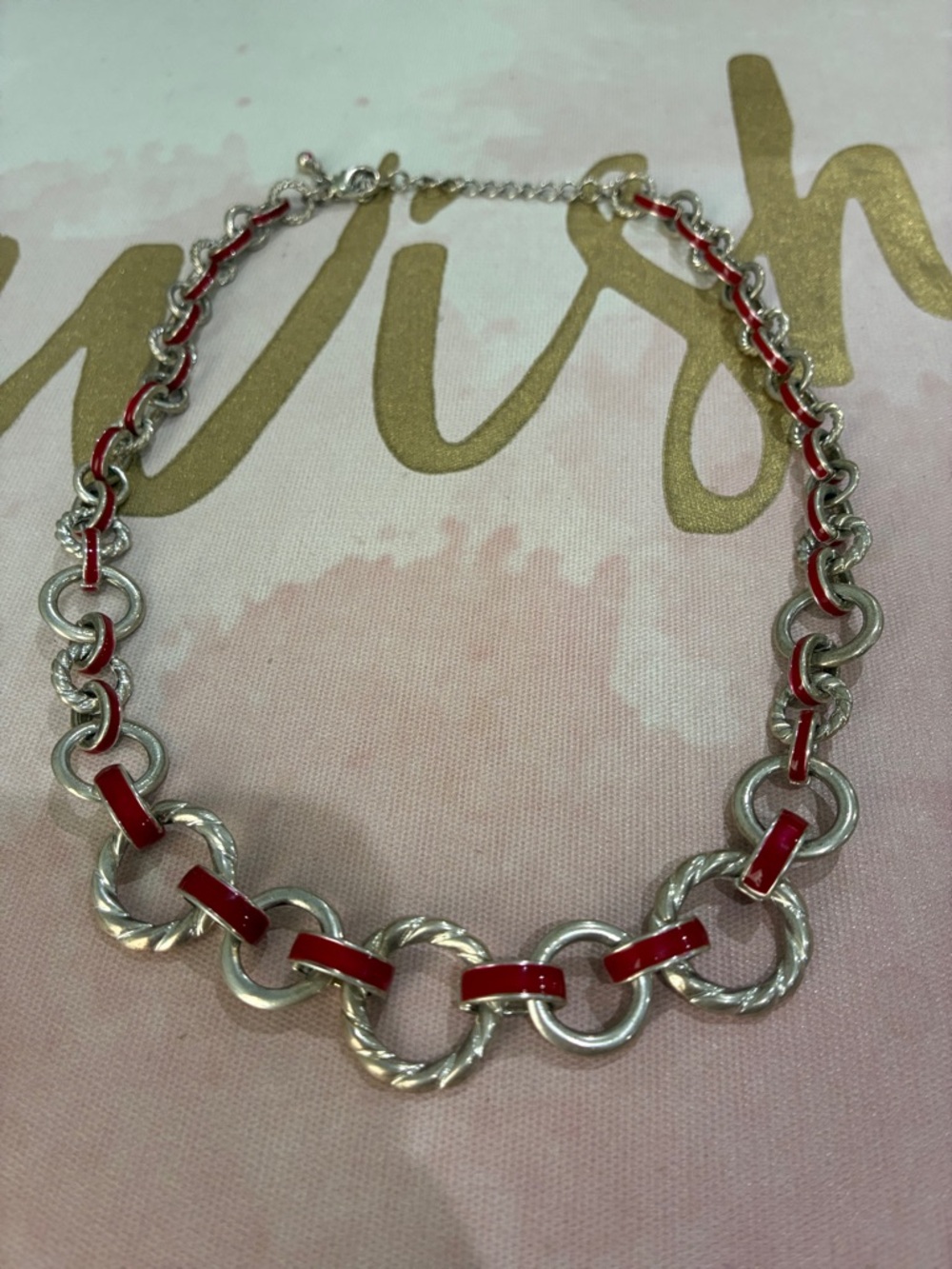 Silver Link Necklace with Red Accent - Women's Fashion Jewelry